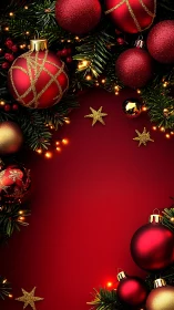 Red Christmas baubles frame with golden stars and lights.