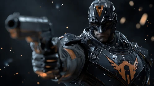 Armored vigilante aiming forward in cinematic close-up.