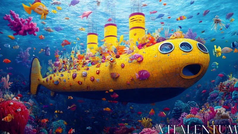 Yellow mosaic submarine amid vibrant tropical reef life.