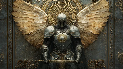 Angelic armored knight stands before ornate golden halo.