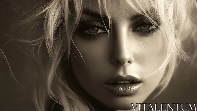 Monochrome close-up portrait emphasizes sculpted facial detail