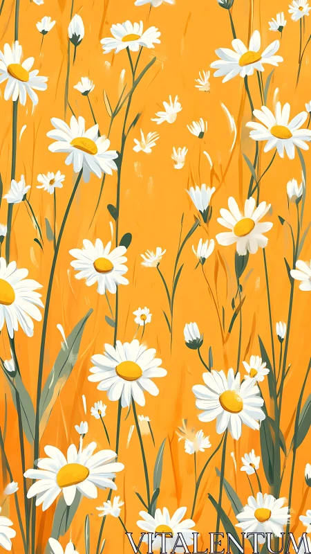 Daisy Field Pattern: White Petals with Golden Centers Against Warm Orange Backdrop.