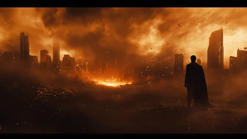 Solitary caped figure surveys fiery ruin of dystopian skyline
