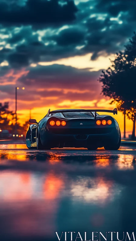 Midnight supercar drinks the last colors of the sunset road