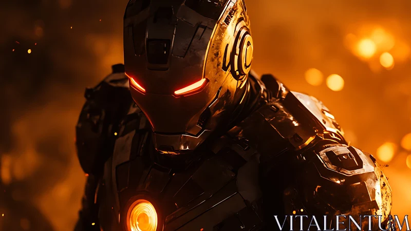 High-detail armored exosuit portrait with molten backlight glow