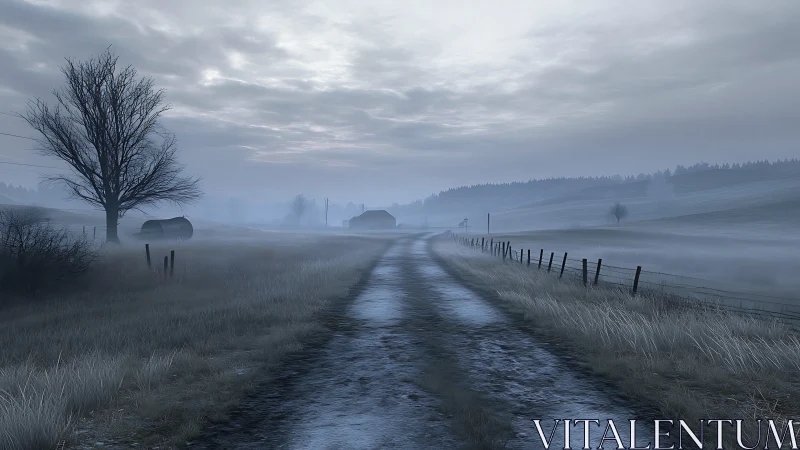 Rural dirt road extends through misty winter farmland