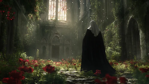 Veiled wanderer in a ruined rose-lit cathedral garden.