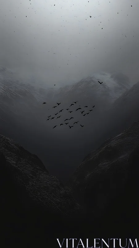 Brooding ravens crossing misted mountain chasm at dusk.