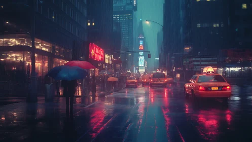Neon rain chorus over midnight taxis and city umbrellas.