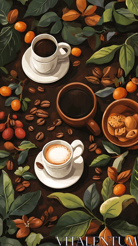 Coffee cups orbit through citrus leaves in cozy harmony