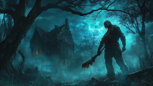 Nightmare scarecrow guarding decayed mansion in moonlit fog.