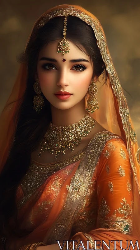 Regal South Asian bride in ornate orange silk and gold jewelry.
