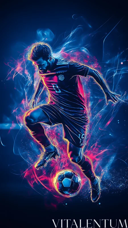 Electro-luminous soccer striker in neon motion capture field.