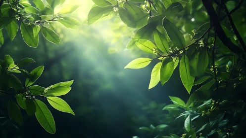 Sunlit forest leaves in soft green atmospheric glow.