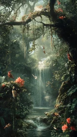 Emerald waterfall sanctuary where songbirds keep quiet magic.