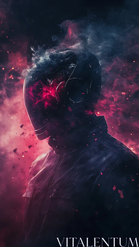 Helmeted figure dissolves into red and blue digital smoke