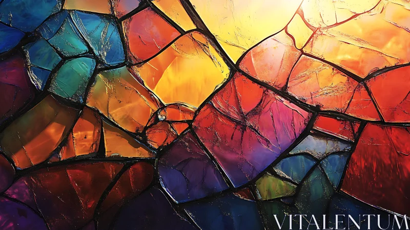 Abstract stained glass window with vivid colors and sunlight.