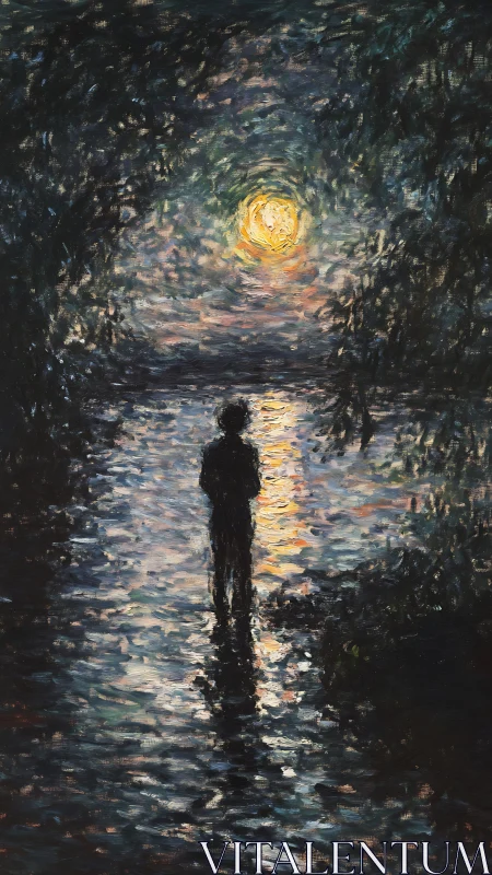 Silhouette observes bright moon reflection on narrow river