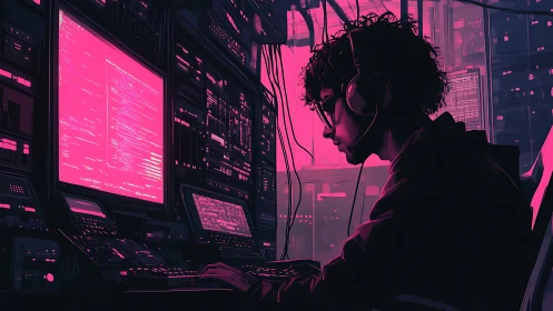 Neon midnight coder steering a glowing data-starred cockpit.