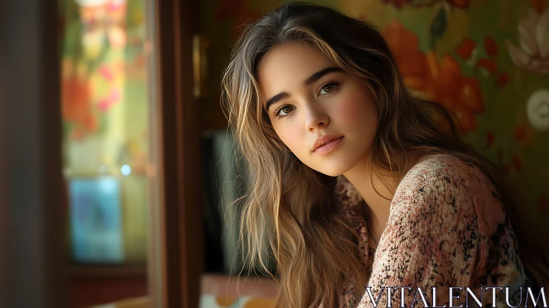 Soft window light frames a contemplative young woman portrait.