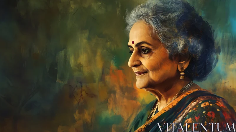 Elderly Indian Woman Portrait in Vibrant Painterly Style.