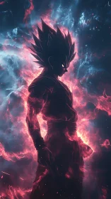 Cosmic warrior ignites in neon crimson storm of energy.