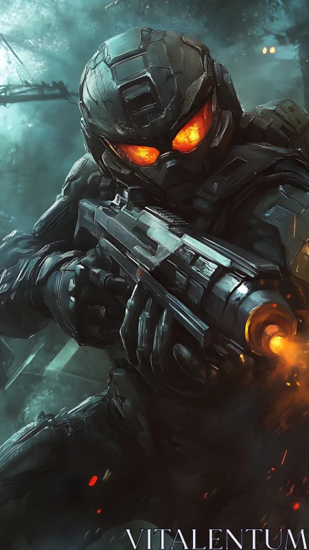 Armored space warrior charges forward with blazing resolve