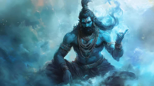Divine blue deity in ethereal mist rendered as digital painting