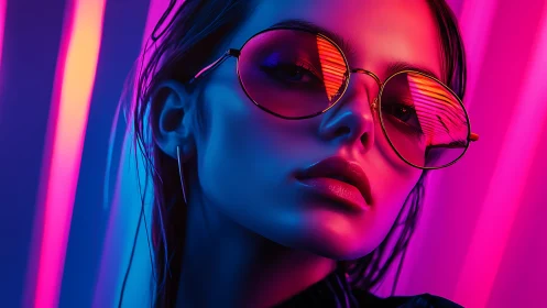 Neon rim-lit portrait shows reflective lenses and saturated bicolor lighting