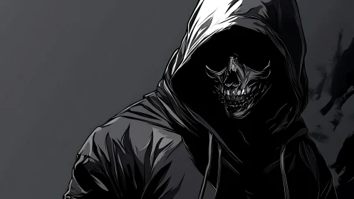 Shadowed skeletal figure in a hooded cloak hints at dark power