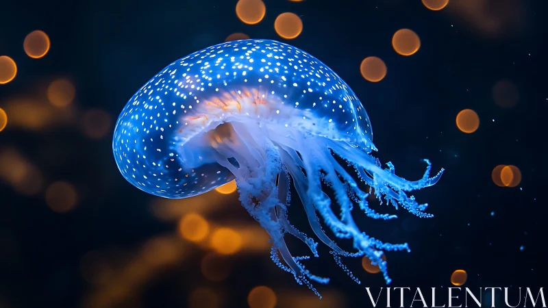 Bioluminescent jellyfish drifting through glowing bokeh sea.