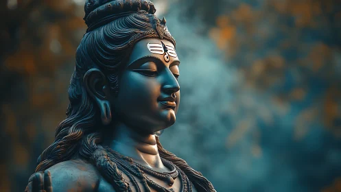 Serene Shiva sculpture with soft bokeh and teal haze.