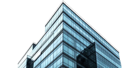 Sleek glass office tower rises against a stark white sky