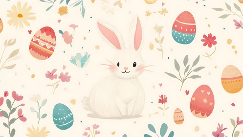 Cute Easter bunny with painted eggs and floral pattern.
