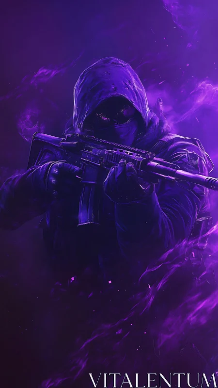Hooded armed figure in purple vapor with tactical weapon.