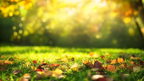 Sunlit autumn leaves scattered across glowing grass field.