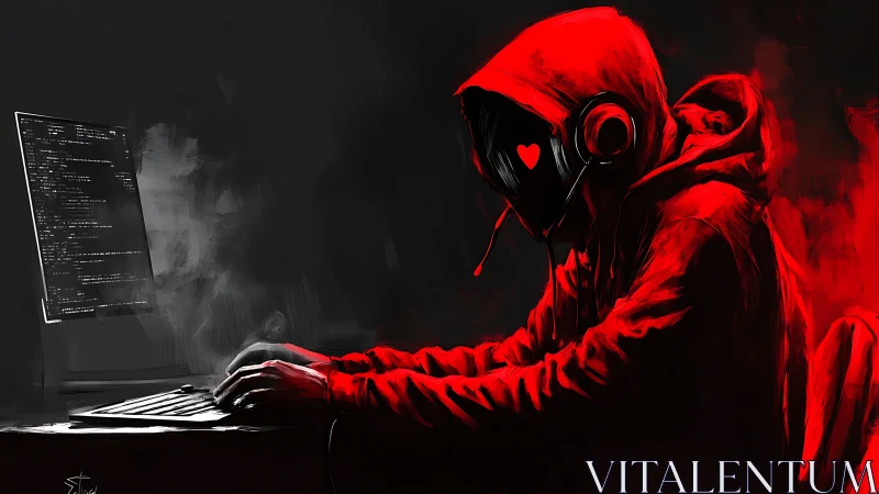 Red hooded figure types at computer with code on screen