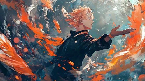 Fiery anime hero commands swirling elemental flames with poise.