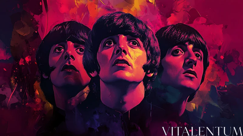 Colorful pop portrait of three musicians in vivid light.