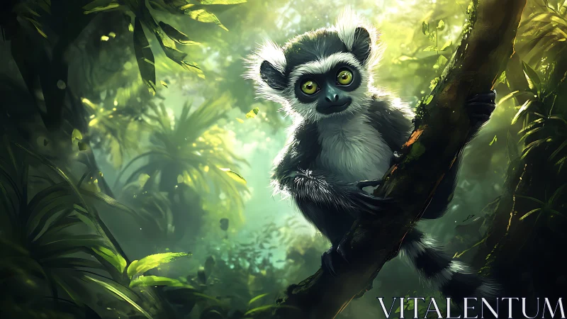Luminescent-eyed lemur clinging to mossy jungle branch.