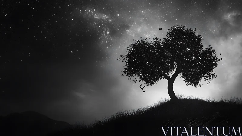 Starlit hillside tree glows softly under a dreamy night sky