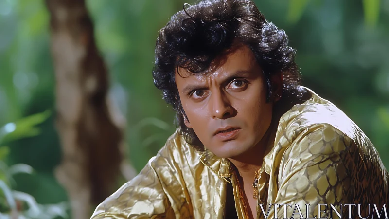 Portrait captures intense male gaze in lush outdoor setting