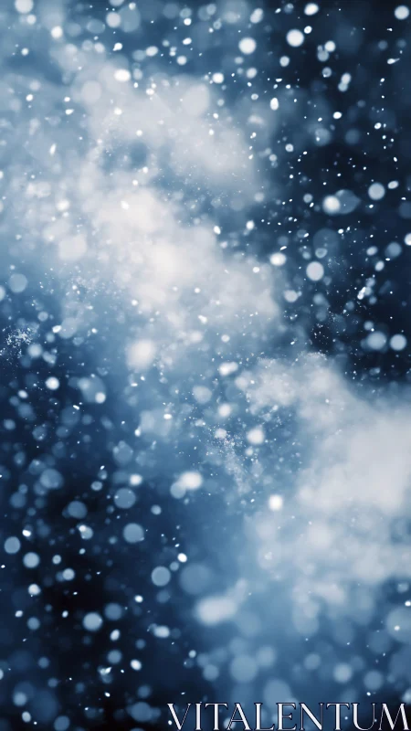 Snow particles in dark blue atmospheric background.