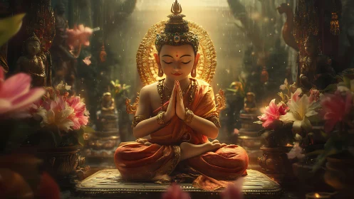 Radiant lotus shrine with meditative deity under warm rainfall.