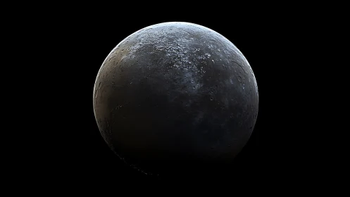 Rendered rocky moon with cratered surface in deep space.