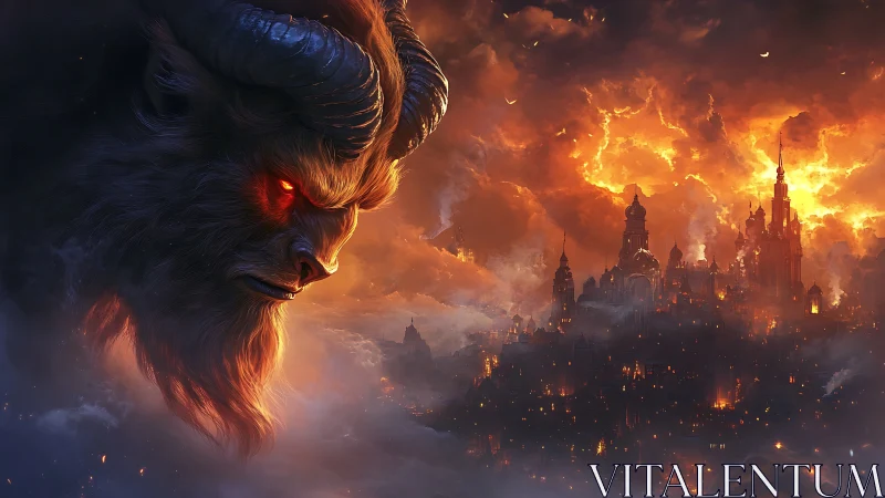 Demonic titan looms over burning gothic city in stormfire