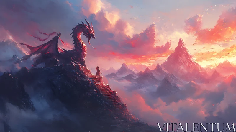 Dragon and wanderer greeting dawn above painted peaks.