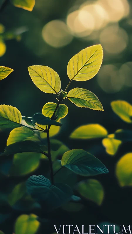 Backlit green leaves with shallow depth of field effect.