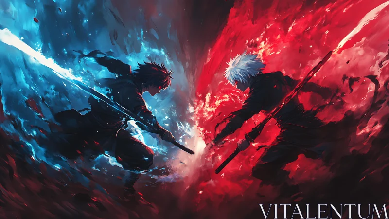 Elemental duel of blue and red warriors in swirling void.