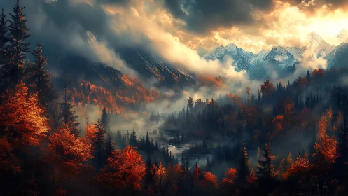Digital painting of misted alpine valley with autumn canopy glow.